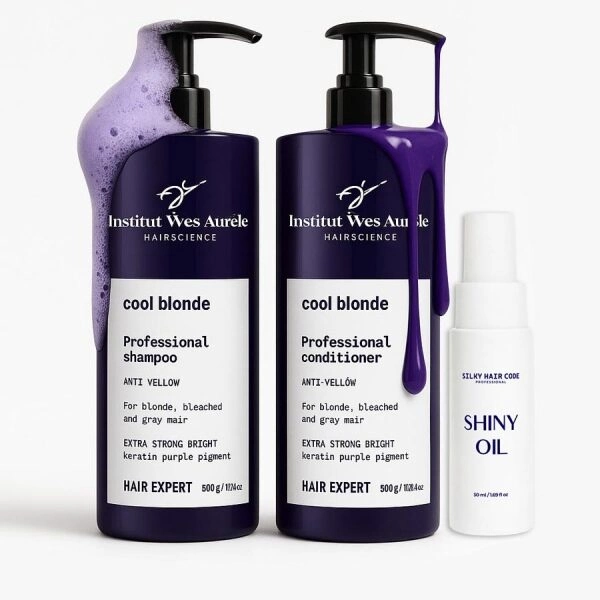 Neutralisierendes Set gegen Gelbstiche (Shampoo 500 ml und Conditioner 500 ml) + regenerierendes Haaröl als Geschenk